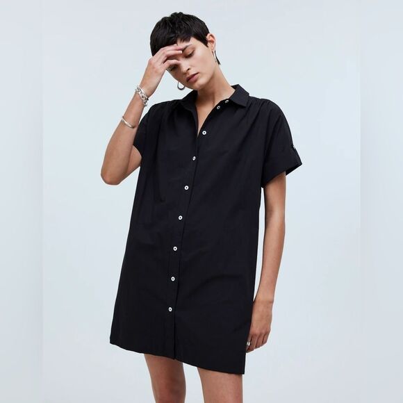 Madewell NWT Collared Button-Front Mini Shirtdress Size Medium in True Black - Picture 1 of 9